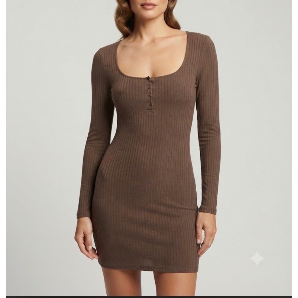 Zara Womens Brown Ribbed Henley Long Sleeve Bodycon Mini Dress Size S